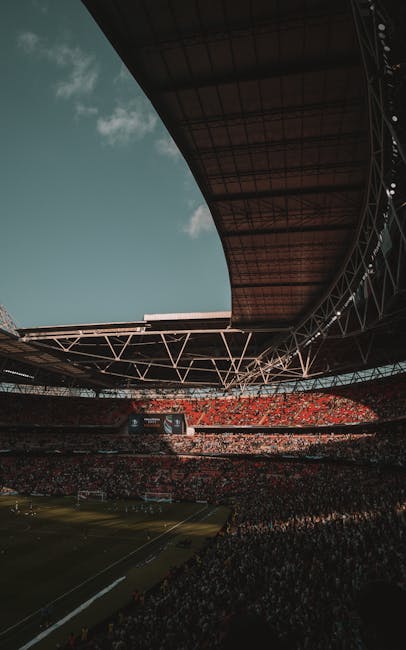 Interior view of a large football stadium during daytime, with a partially covered seating area that has red and pink seats, and a few spectators scattered throughout. The playing field features a well-maintained grass pitch with visible white boundary lines and goalposts at either end. In the foreground, staff members or visitors can be seen walking across the field or standing near the sidelines. The stadium's roof is a modern, white, arching structure with a translucent yellow canopy extending over part of the seating area, supported by a network of metal trusses. The bright blue sky visible above indicates clear weather. This scene likely depicts a venue used for major football matches and events, suitable for logistics such as moving equipment or staging event setups. Man with Van Wembley Park occasionally undertakes furniture transport and packing during home relocations or event preparations, including within large sports stadiums.